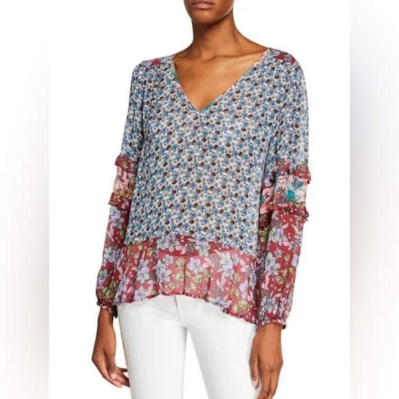 Johnny Was Rashida Mixed Print V-Neck Georgette Top Multi , sz XS - Picture 1 of 9